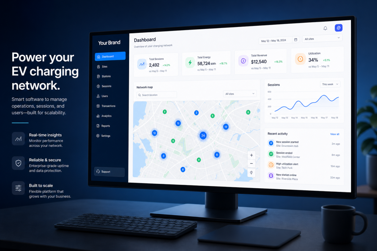 White-label EV charging dashboard branded as Your Brand